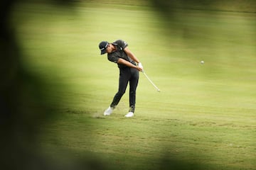 Collin Morikawa of the United States plays a shot 