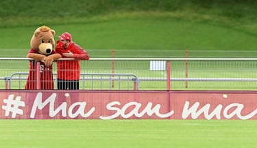 Berni, la mascota del Bayern de Múnich, y un miembro del cuerpo técnico charlan después de un entrenamiento del equipo alemán. Berni escucha con total atención y no se pierde ningun detalle de lo que su interlocutor le cuenta. Solo es una animada conversación entre un oso y un humano.