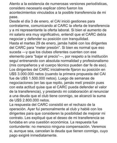 La carta de Fernando Zampedri que expone a Rosario Central