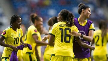 Players of Jamaica celebrate after defeating Costa Rica 1-0 in their 2022 Concacaf women's championship third-place football match, at the BBVA Bancomer stadium in Monterrey, Nuevo Leon State, Mexico on July 18, 2022. (Photo by Julio Cesar AGUILAR / AFP) (Photo by JULIO CESAR AGUILAR/AFP via Getty Images)