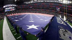 ARLINGTON, TEXAS - NOVEMBER 12: A general view of the American flag before the game between the New York Giants and Dallas Cowboys at AT&T Stadium on November 12, 2023 in Arlington, Texas.   Ron Jenkins/Getty Images/AFP (Photo by Ron Jenkins / GETTY IMAGES NORTH AMERICA / Getty Images via AFP)