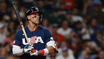 HOUSTON, TEXAS - MARCH 13: Aaron Judge #99 of Team United States looks on before batting against Team Canada during the seventh inning at Daikin Park on March 13, 2026 in Houston, Texas. Kenneth Richmond/Getty Images/AFP (Photo by Kenneth Richmond / GETTY IMAGES NORTH AMERICA / Getty Images via AFP)