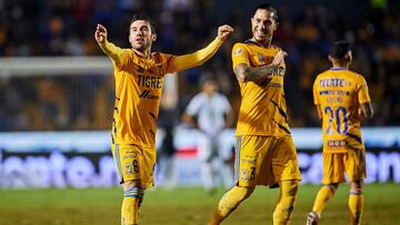 Juan Pablo Vigon celebrates his goal 2-0 eith Carlos Salcedo of Tigres during the game Tigres UANL vs FC Juarez, corresponding to 17th round of the Torneo Apertura Grita Mexico A21 of the Liga BBVA MX, at Universitario Stadium, on November 06, 2021.
<br><br>
Juan Pablo Vigon celebra su gol 2-0 con Carlos Salcedo de Tigres durante el partido Tigres UANL vs FC Juarez, Correspondiente a la Jornada 17 del Torneo Apertura Grita Mexico A21 de la Liga BBVA MX, en el Estadio Universitario, el 06 de Noviembre de 2021.