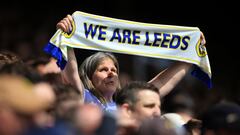 A Leeds fan cheers before the English Premier League football match between Leeds United and Newcastle United at Elland Road in Leeds, northern England, on May 13, 2023. (Photo by Lindsey Parnaby / AFP) / RESTRICTED TO EDITORIAL USE. No use with unauthorized audio, video, data, fixture lists, club/league logos or 'live' services. Online in-match use limited to 120 images. An additional 40 images may be used in extra time. No video emulation. Social media in-match use limited to 120 images. An additional 40 images may be used in extra time. No use in betting publications, games or single club/league/player publications. / 