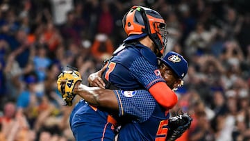 HOUSTON, TEXAS - APRIL 01: Ronel Blanco #56 celebrates with Yainer Diaz #21 of the Houston Astros after pitching a no hitter against the Toronto Blue Jays at Minute Maid Park on April 01, 2024 in Houston, Texas.   Logan Riely/Getty Images/AFP (Photo by Logan Riely / GETTY IMAGES NORTH AMERICA / Getty Images via AFP)