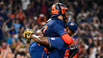 HOUSTON, TEXAS - APRIL 01: Ronel Blanco #56 celebrates with Yainer Diaz #21 of the Houston Astros after pitching a no hitter against the Toronto Blue Jays at Minute Maid Park on April 01, 2024 in Houston, Texas.   Logan Riely/Getty Images/AFP (Photo by Logan Riely / GETTY IMAGES NORTH AMERICA / Getty Images via AFP)