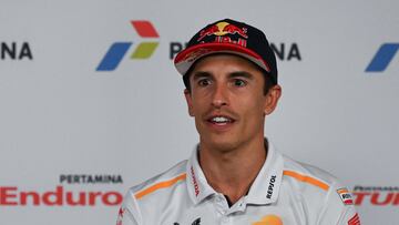 Repsol Honda MotoGP rider Marc Marquez of Spain speaks during a press conference ahead of the MotoGP Indonesian Grand Prix at the Mandalika International Circuit in Kuta Mandalika, Central Lombok, on October 12, 2023. (Photo by Sonny TUMBELAKA / AFP)