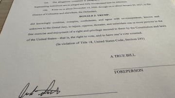Special Counsel Jack Smith's signature is seen on a revised indictment in the 2020 election subversion case against Donald Trump after U.S. prosecutors obtained the indictment in Washington, U.S., August 27, 2024. U.S. Department of Justice/Handout via REUTERS