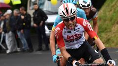 (FILES) In this file photo taken on June 09, 2019 Lotto Soudal rider Belgium&#039;s Bjorg Lambrecht leads a breakaway during the first stage of the 71st edition of the Criterium du Dauphine cycling race, 142 km between Aurillac and Jussac in Jussac. - Belgian cyclist Bjorg Lambrecht died on August 5, 2019 at the age of 22 in hospital after crashing at the Tour of Poland, his team announced. (Photo by Anne-Christine POUJOULAT / AFP)