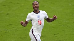 LONDON, ENGLAND - JUNE 29:  Raheem Sterling of England celebrates the opening goal during the UEFA Euro 2020 Championship Round of 16 match between England and Germany at Wembley Stadium on June 29, 2021 in London, United Kingdom. (Photo by Marc Atkins/Ge