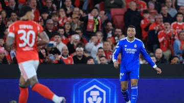 Real Madrid's French forward #10 Kylian Mbappe looks on during the UEFA Champions League knockout round play-off first leg football match between SL Benfica and Real Madrid CF at Estadio da Luz in Lisbon on February 17, 2026. (Photo by PATRICIA DE MELO MOREIRA / AFP)