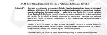 Dimayor indulta a Hauche por gesto obsceno ante Caldas