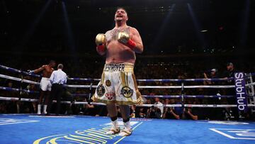 Andy Ruiz festeja su victoria sobre Antonhy Joshua para convertirse en el primer mexicano Campe&oacute;n Mexicano de los Pesados.