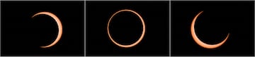 Una imagen combinada muestra un eclipse solar anular observado desde el área del monumento arqueológico de Tahai en el parque nacional Rapa Nui administrado por la comunidad nativa Mau Henua en la Isla de Pascua, Chile.