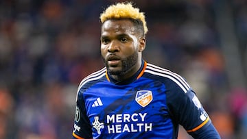CINCINNATI, OH - MARCH 7: Aaron Boupendza #9 of FC Cincinnati during a Concacaf Champions Cup Round of 16 game between CF Monterrey and FC Cincinnati at TQL Stadium on March 7, 2024 in Cincinnati, Ohio. (Photo by Michael Miller/ISI Photos/Getty Images)