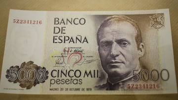 Billete de 5000 pesetas con el rostro del Rey emérito Juan Carlos I.