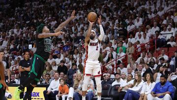 MIAMI, FLORIDA - MAY 21: Gabe Vincent #2 of the Miami Heat shoots a three point basket against Marcus Smart #36 of the Boston Celtics during the third quarter in game three of the Eastern Conference Finals at Kaseya Center on May 21, 2023 in Miami, Florida. NOTE TO USER: User expressly acknowledges and agrees that, by downloading and or using this photograph, User is consenting to the terms and conditions of the Getty Images License Agreement. Megan Briggs/Getty Images/AFP (Photo by Megan Briggs / GETTY IMAGES NORTH AMERICA / Getty Images via AFP)