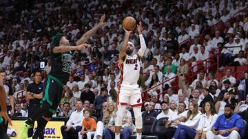 MIAMI, FLORIDA - MAY 21: Gabe Vincent #2 of the Miami Heat shoots a three point basket against Marcus Smart #36 of the Boston Celtics during the third quarter in game three of the Eastern Conference Finals at Kaseya Center on May 21, 2023 in Miami, Florida. NOTE TO USER: User expressly acknowledges and agrees that, by downloading and or using this photograph, User is consenting to the terms and conditions of the Getty Images License Agreement.   Megan Briggs/Getty Images/AFP (Photo by Megan Briggs / GETTY IMAGES NORTH AMERICA / Getty Images via AFP)