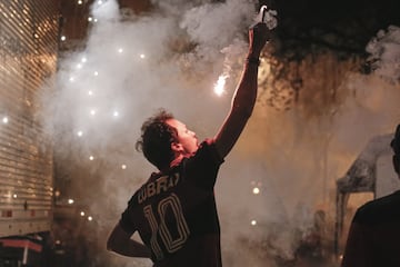 RIO DE JANEIRO, BRAZIL - NOVEMBER 23: A fan of Flamengo celebrates with flares his team's win after the Flamengo v River Plate Copa CONMEBOL Libertadores 2019 Final in Rio de Janeiro, Brazil.