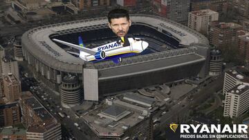 Campaña de Ryanair con el Cholo Simeone huyendo en uno de sus aviones del Bernabéu