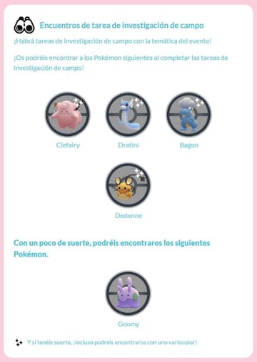 Pok&eacute;mon disponibles al completar Tareas de Investigaci&oacute;n de Campo en el evento Fantas&iacute;a Centelleante de Pok&eacute;mon GO