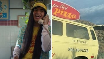 Argyle responde al teléfono a la izquierda y a la derecha, la furgoneta de Surfer Boy Pizza, de la temporada 4 de Stranger Things, en Netflix.