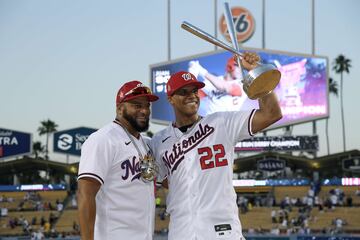 National League All-Star Juan Soto #22 of the Washington Nationals and Jorge Mejia 