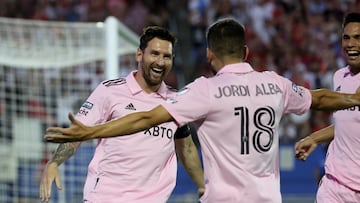 Aug 6, 2023; Frisco, TX, USA;  Inter Miami CF forward Lionel Messi (10) celebrates with defender Jordi Alba (18) after scoring during the first half against FC Dallas at Toyota Stadium. Mandatory Credit: Kevin Jairaj-USA TODAY Sports