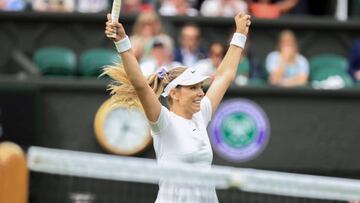 LONDON, ENGLAND - JUNE 30: Katie Boulter (GBR) celebrates victory over Karolina Pliskova (CZE) in the Ladies' Singles 2nd Round match during day four of The Championships Wimbledon 2022 at All England Lawn Tennis and Croquet Club on June 30, 2022 in London, England. (Photo by Simon Staoole/Offside/Offside via Getty Images)