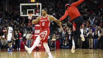 Jan 18, 2018; Houston, TX, USA; Houston Rockets guard Eric Gordon (10) celebrates with guard James Harden (13) after scoring a basket to end the third quarter against the Minnesota Timberwolves at Toyota Center. Mandatory Credit: Troy Taormina-USA TODAY Sports