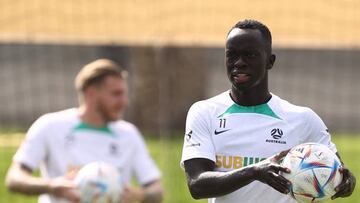 DOHA, QATAR - DECEMBER 01: Awer Mabil of Australia is seen during the Australia recovery Session at Aspire Training Centre on December 01, 2022 in Doha, Qatar. (Photo by Robert Cianflone/Getty Images)