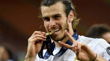 Bale celebrates Real Madrid's Champions League final win over Atlético Madrid last season - Los Blancos' second European title since he joined.