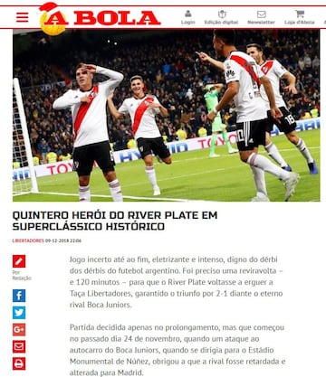 "Quintero, héroe de River Plate en Superclásico histórico"