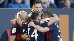 Bayern&#039;s Arjen Robben, left, celebrates after scoring his side&#039;s third goal during the German Bundesliga soccer match between FC Augsburg and FC Bayern Munich in Augsburg, Germany, Saturday, April 7, 2018. (AP Photo/Matthias Schrader)