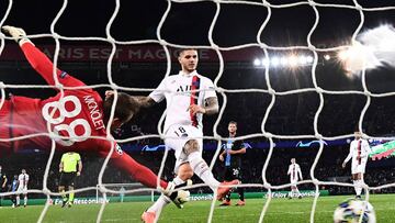 Paris Saint-Germain's Argentine forward Mauro Icardi scores a goal during the UEFA Champions League Group A football match between Paris Saint-Germain (PSG) and Club Brugge at the Parc des Princes stadium in Paris on November 6, 2019. (Photo by FRANC