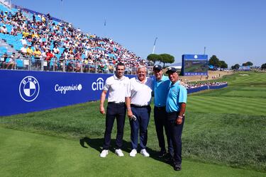 Gareth Bale, Colin Montgomerie, Andriy Shevchenko y Corey Pavin durante el torneo en Roma. 