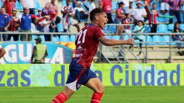 Ricardo M&aacute;rquez celebrando un gol con Uni&oacute;n Magdalena ante Jaguares en la Liga &Aacute;guila I-2019.