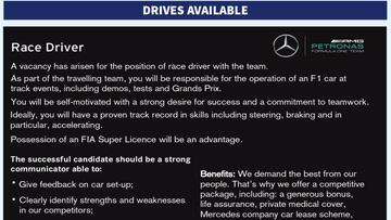 Mercedes busca a su nuevo piloto a través de un anuncio