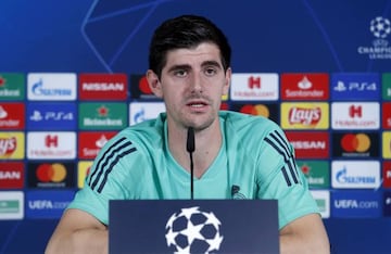 Real Madrid keeper Thibaut Courtois speaks to the press ahead of the game against PSG.