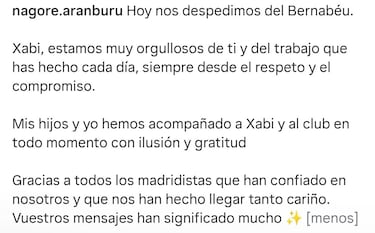 Nagore Aranburu, mujer de Xabi Alonso, tras su salida del Real Madrid: “Muy orgullosos de ti”
