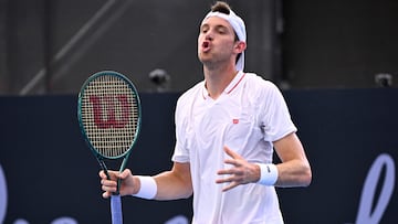 Nicolas Jarry of Chile reacts during his men's singles match against Jiri Lehecka of the Czech Republic at the Brisbane International tennis tournament in Brisbane on January 3, 2025.