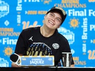 PHOENIX, ARIZONA - APRIL 05: Gabriela Jaquez #11 of the UCLA Bruins speaks at the press conference after defeating the South Carolina Gamecocks in the National Championship of the NCAA Women's Basketball Tournament at Mortgage Matchup Center on April 05, 2026 in Phoenix, Arizona. Sarah Stier/Getty Images/AFP (Photo by Sarah Stier / GETTY IMAGES NORTH AMERICA / Getty Images via AFP)