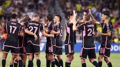Jun 29, 2024; Nashville, Tennessee, USA; Inter Miami CF defender Jordi Alba (18) celebrates with teammates after scoring a goal against Nashville SC in the first half at Geodis Park. Mandatory Credit: Casey Gower-USA TODAY Sports