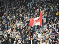 Feb 21, 2026; Vancouver, British Columbia, CAN; Vancouver Whitecaps fans celebrate a goal by midfielder Aziel Jackson (22) (not pictured) during the second half against Real Salt Lake at BC Place. Mandatory Credit: Anne-Marie Sorvin-Imagn Images