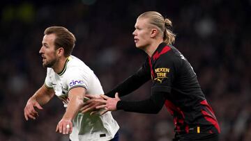 Tottenham Hotspur's Harry Kane (left) and Manchester City's Erling Haaland in action during the Premier League match at the Tottenham Hotspur Stadium, London. Picture date: Sunday February 5, 2023. (Photo by John Walton/PA Images via Getty Images)