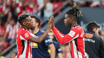 Nico Williams en el momento del cambio por Djaló en el partido contra el Valencia.