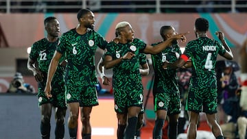 Nigeria's forward #09 Victor Osimhen (C) celebrates his goal during the Africa Cup of Nations (CAN) Group C football match between Nigeria and Tunisia at Fez Stadium in Fez on December 27, 2025. (Photo by Abdel Majid BZIOUAT / AFP)