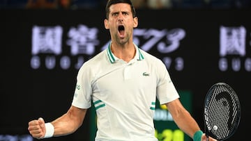 dep 36 f01. Novak Djokovic of Serbia reacts during his Men's singles semifinals match against Aslan Karatsev of Russia on Day 11 of the Australian Open at Melbourne Park in Melbourne, Thursday, February 18, 2021. (AAP Image/Dave Hunt) NO ARCHIVING,