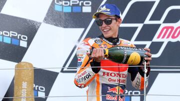 2019 British motorcycle Grand Prix
 
 25 August 2019, England, Towcester: Spanish motorcycle racer Marc Marquez
 of Repsol Honda celebrates on the podium after coming in second during the 2019 British motorcycle Grand Prix at Silverstone Circuit. Photo: B