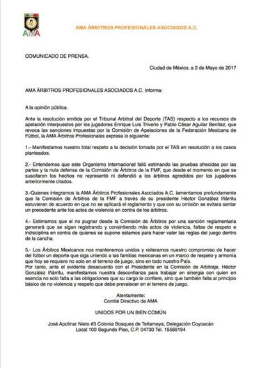 La Asociación de Árbitros expresa desconfianza hacia Héctor González Iñárritu